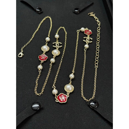 CC Red Flower Pearl Long Necklace
