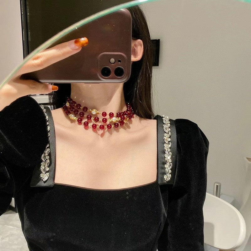 CC Long Red & White Pearls Necklace
