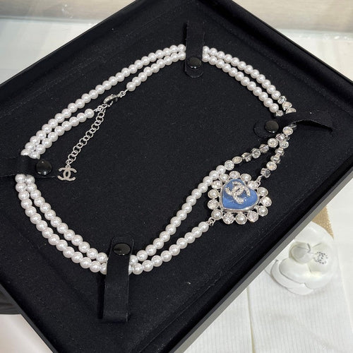 CC 25P Blue Heart Pearl Long Necklace