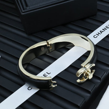 CC Black Leather Cuff Bracelet