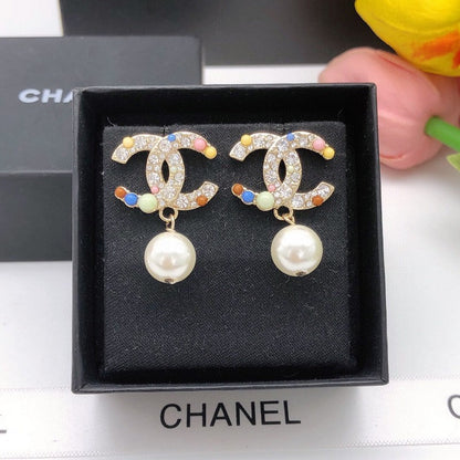 CC Color Pearl Gold Pendant Earrings