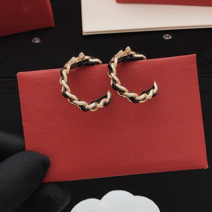 CC Black Leather Gold Earrings
