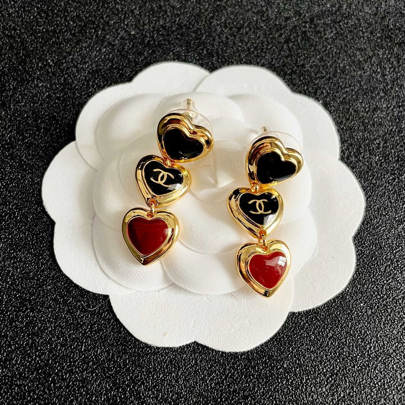 CC Black & Red Three Heart Drop Earrings