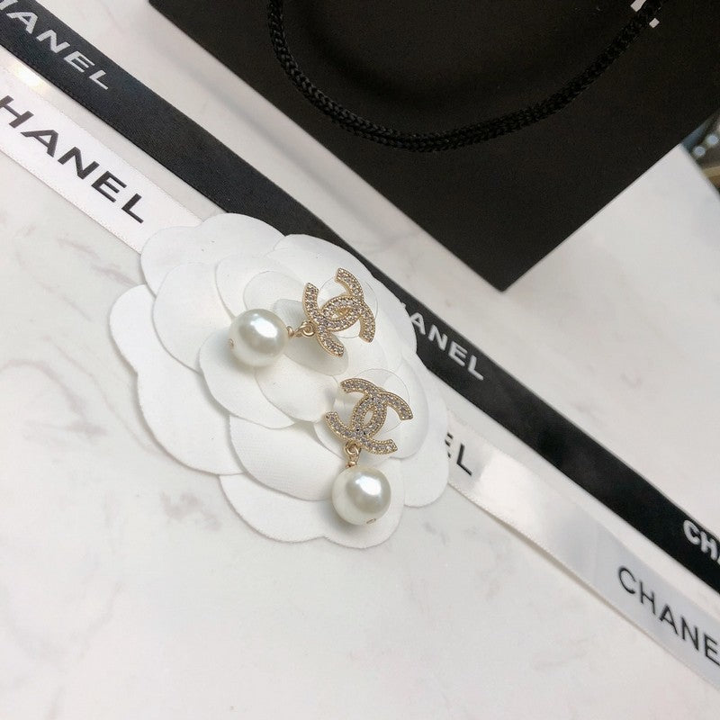 CC Diamond & Pearl Drop Earrings