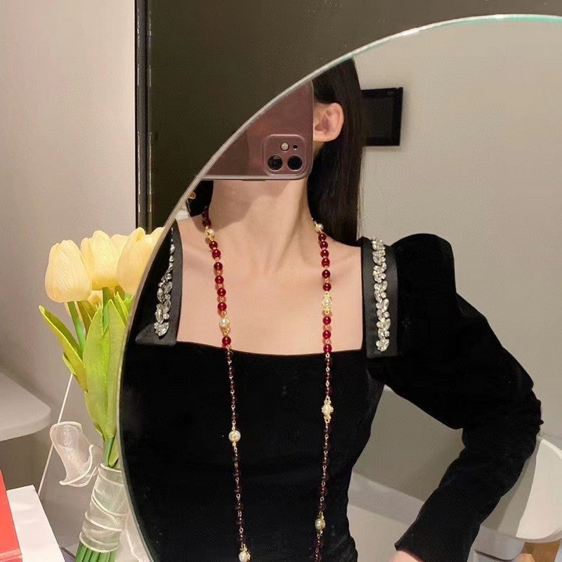 CC Long Red & White Pearls Necklace