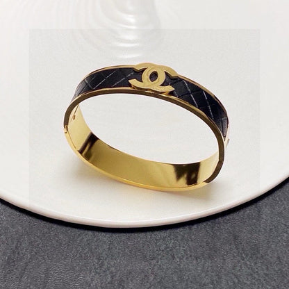 CC Black Leather Gold Bracelet