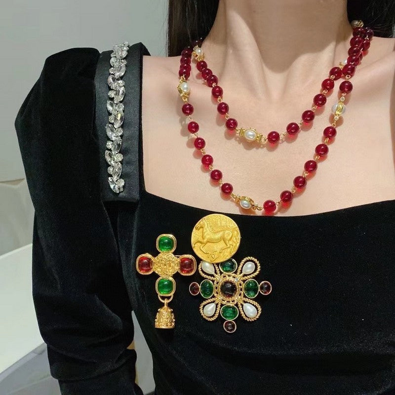 CC Long Red & White Pearls Necklace